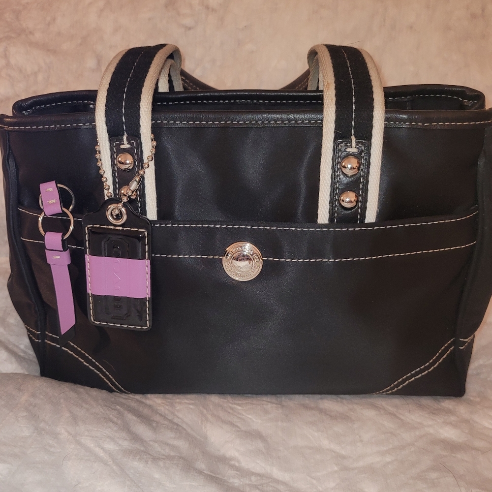 Coach Hampton Black Sateen Tote with Purple Trim